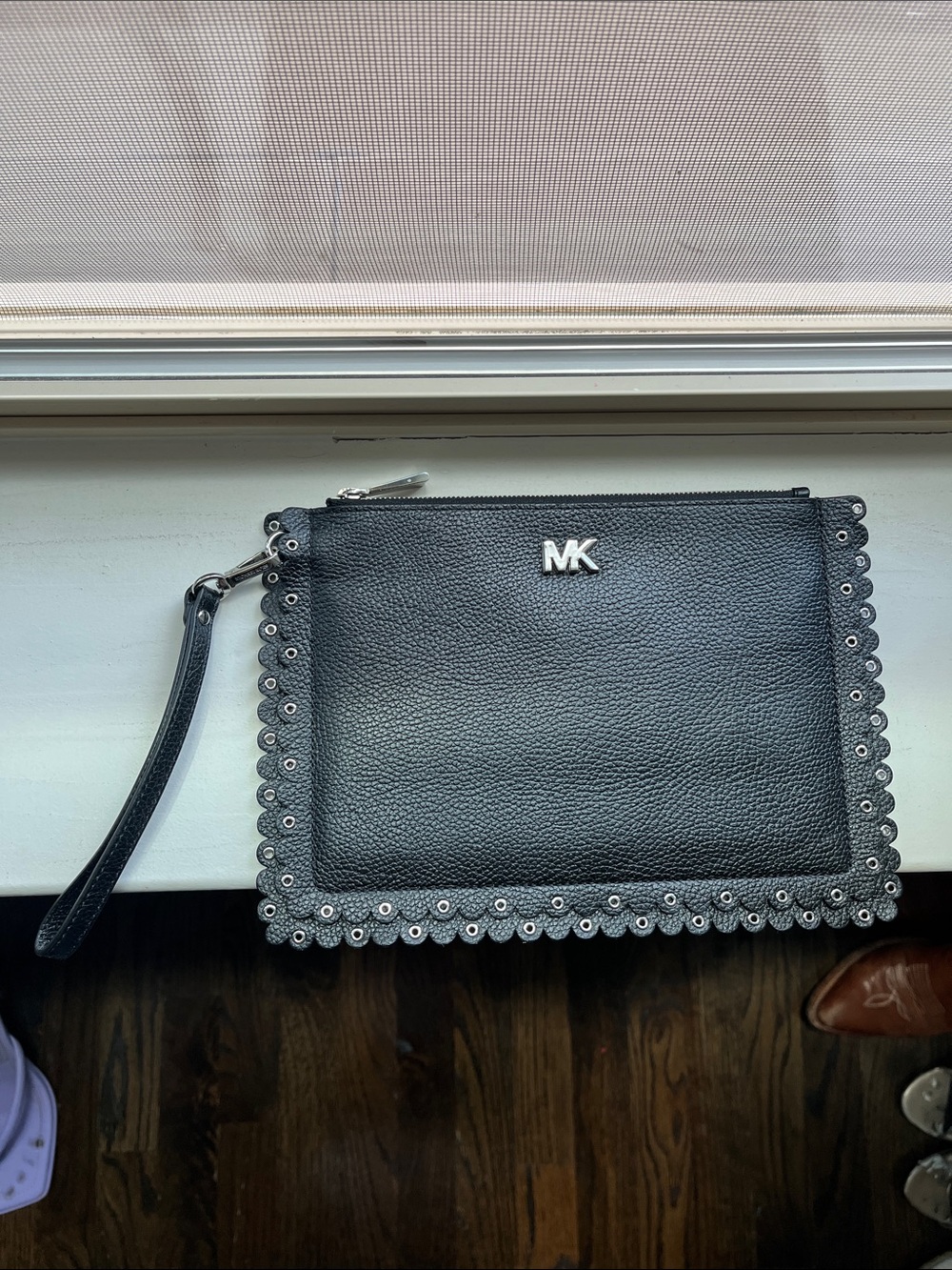 Michael Kors Black Leather Wristlet Clutch with Eyelet Trim